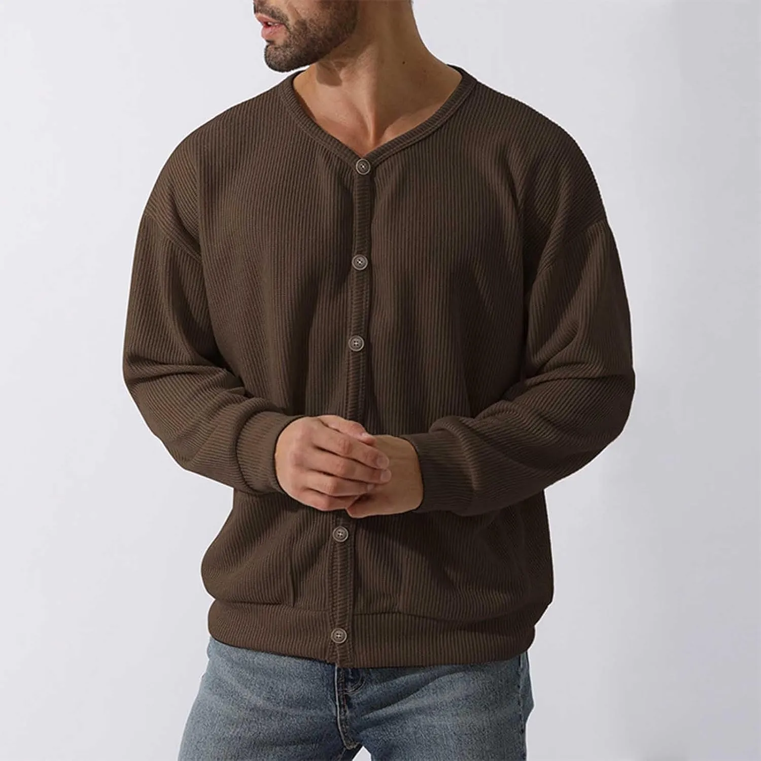 Men's Oversized Sweatshirts Long Sleeve Button Down Knitted Casual Blouses Tops Comfy Soft Sweaters Cardigans with Pockets