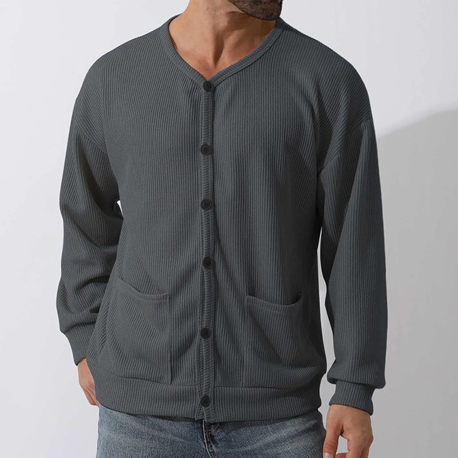 Men's Oversized Sweatshirts Long Sleeve Button Down Knitted Casual Blouses Tops Comfy Soft Sweaters Cardigans with Pockets
