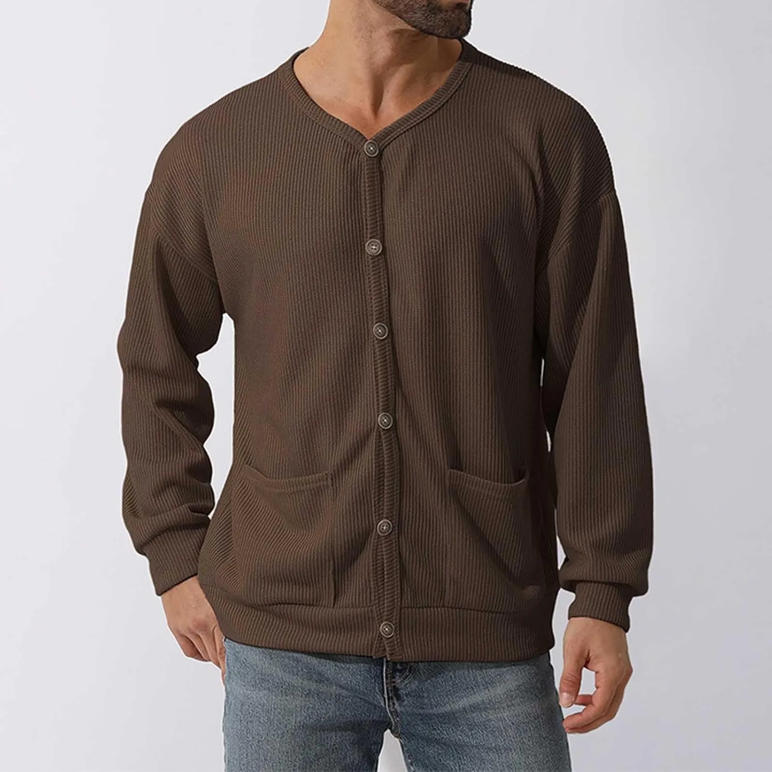 Men's Oversized Sweatshirts Long Sleeve Button Down Knitted Casual Blouses Tops Comfy Soft Sweaters Cardigans with Pockets