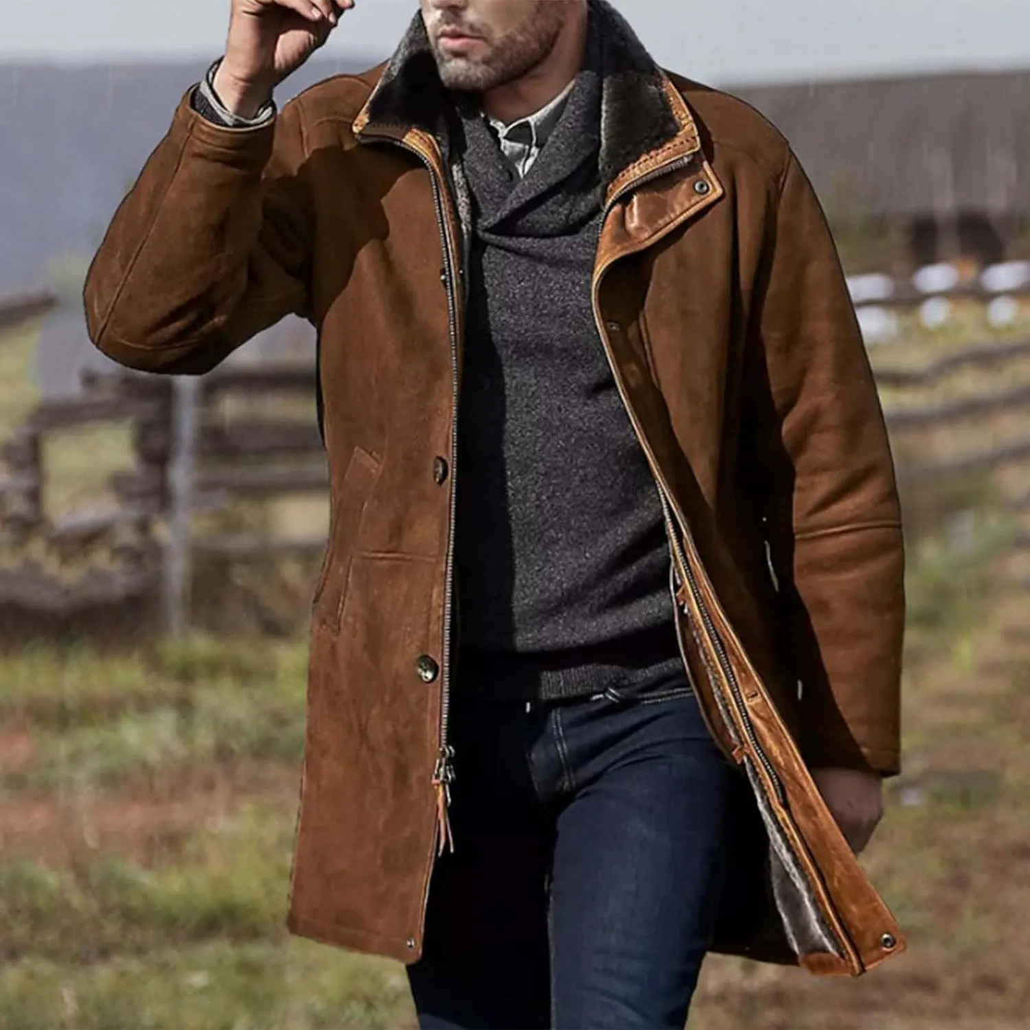Men's Pea Coat Classic Long Trench Coat Coat Jacket Wool Long Sleeve Warm Coat Turn-down Collar Coat Warm Winter