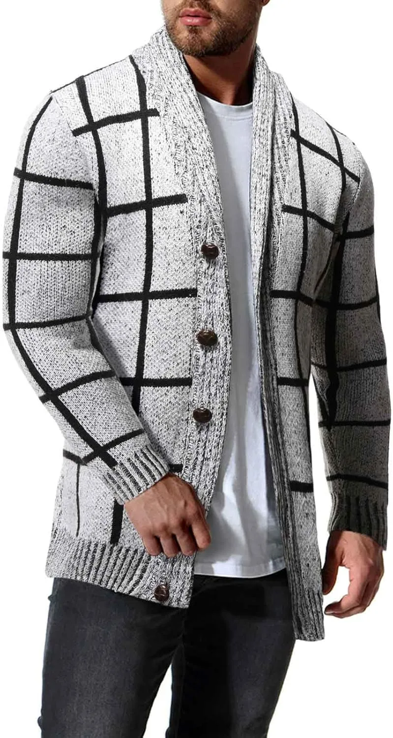 Mens Plaid Cardigan Sweater Button Down Knit Cardigan Casual Open Front Cardigan Shawl Collar Cardigan