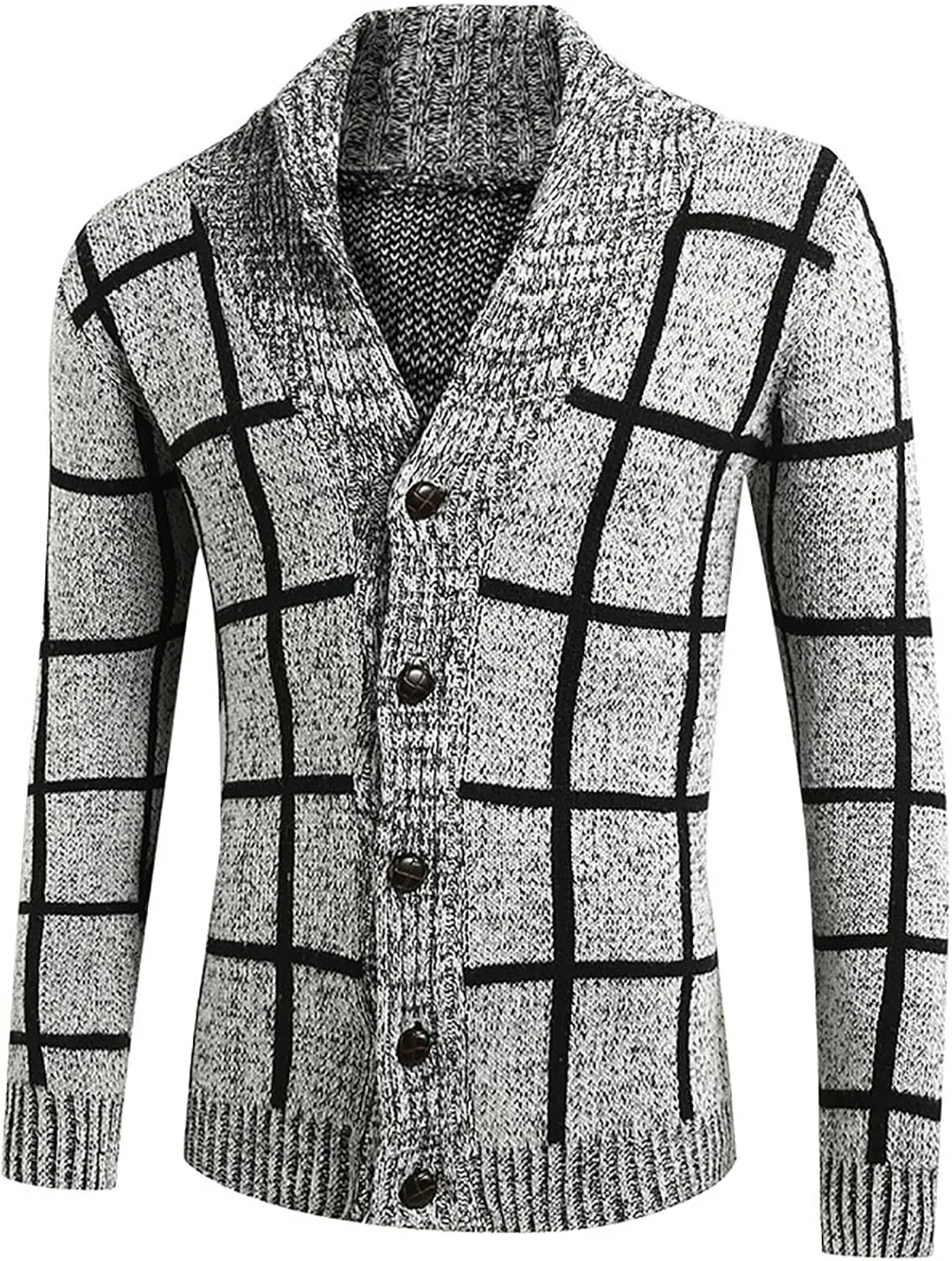Mens Plaid Cardigan Sweater Button Down Knit Cardigan Casual Open Front Cardigan Shawl Collar Cardigan