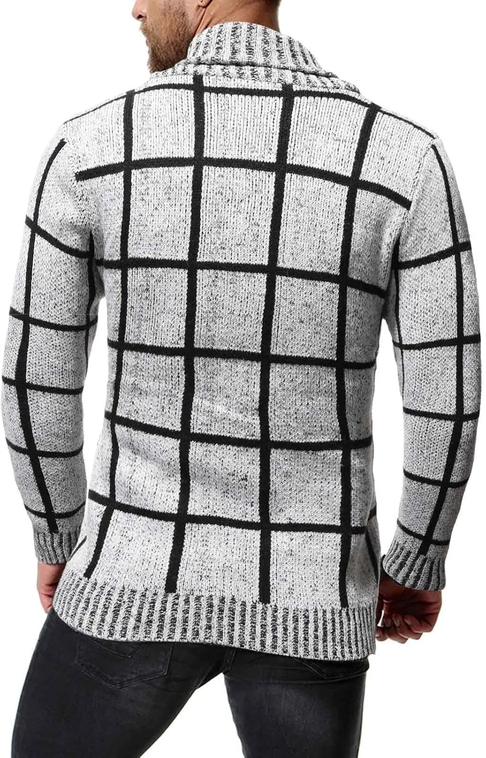 Mens Plaid Cardigan Sweater Button Down Knit Cardigan Casual Open Front Cardigan Shawl Collar Cardigan