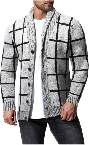 Mens Plaid Cardigan Sweater Button Down Knit Cardigan Casual Open Front Cardigan Shawl Collar Cardigan