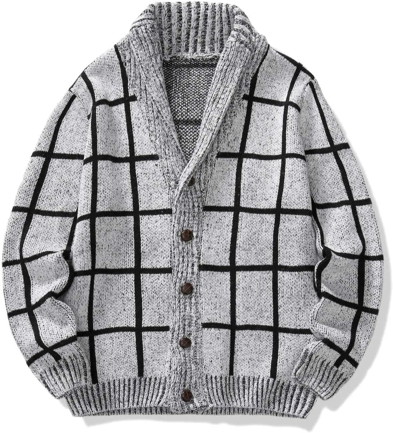 Mens Plaid Cardigan Sweater Button Down Knit Cardigan Casual Open Front Cardigan Shawl Collar Cardigan