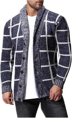 Mens Plaid Cardigan Sweater Cable Knit Shawl Collar Cardigan Vintage Knit Sweater Button Down Open Front Cardigan