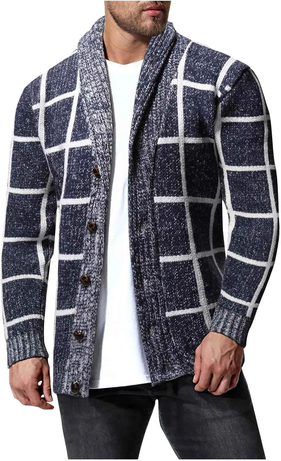 Mens Plaid Cardigan Sweater Cable Knit Shawl Collar Cardigan Vintage Knit Sweater Button Down Open Front Cardigan