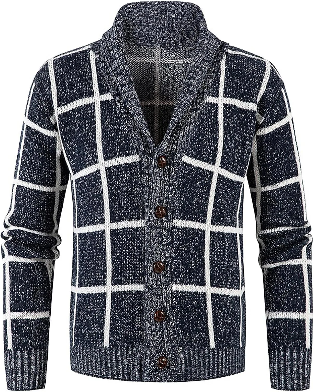 Mens Plaid Cardigan Sweater Cable Knit Shawl Collar Cardigan Vintage Knit Sweater Button Down Open Front Cardigan