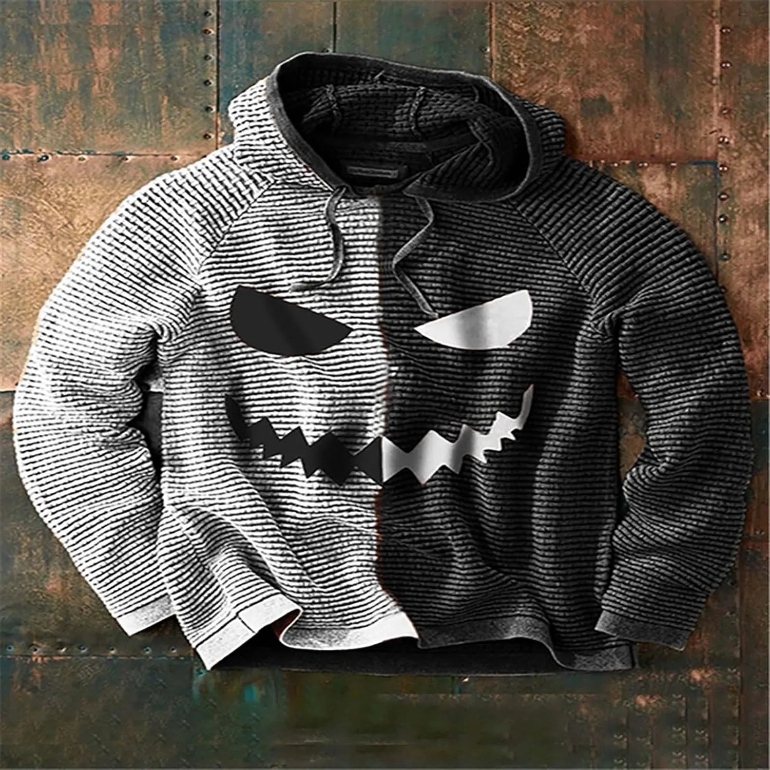 Men's Pumpkin Face Pullover Sweatshirts Halloween Funny Contrast Color Athletic Hoodie Sweatshirts Streetwear