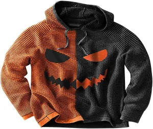 Men's Pumpkin Face Pullover Sweatshirts Halloween Funny Contrast Color Athletic Hoodie Sweatshirts Streetwear
