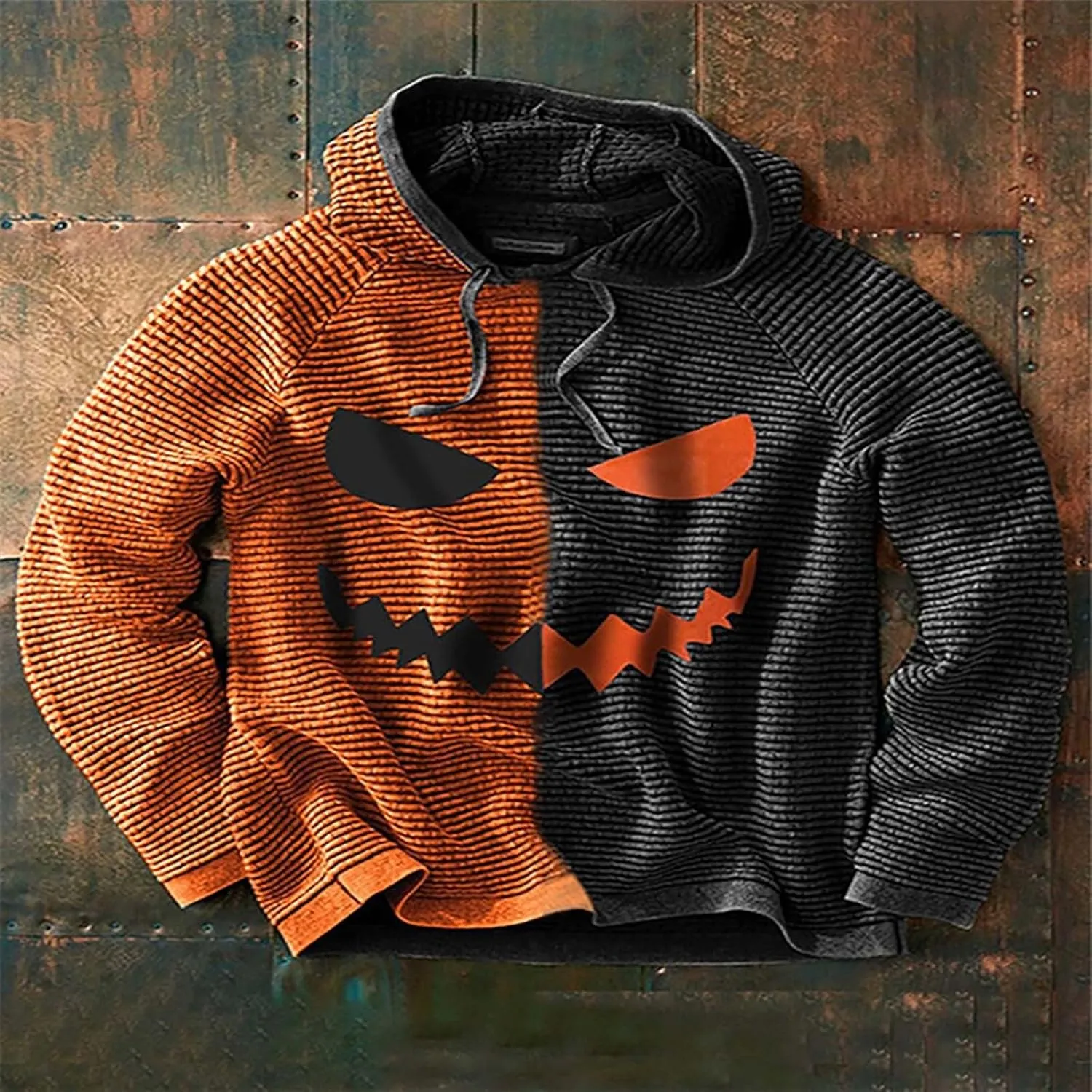 Men's Pumpkin Face Pullover Sweatshirts Halloween Funny Contrast Color Athletic Hoodie Sweatshirts Streetwear