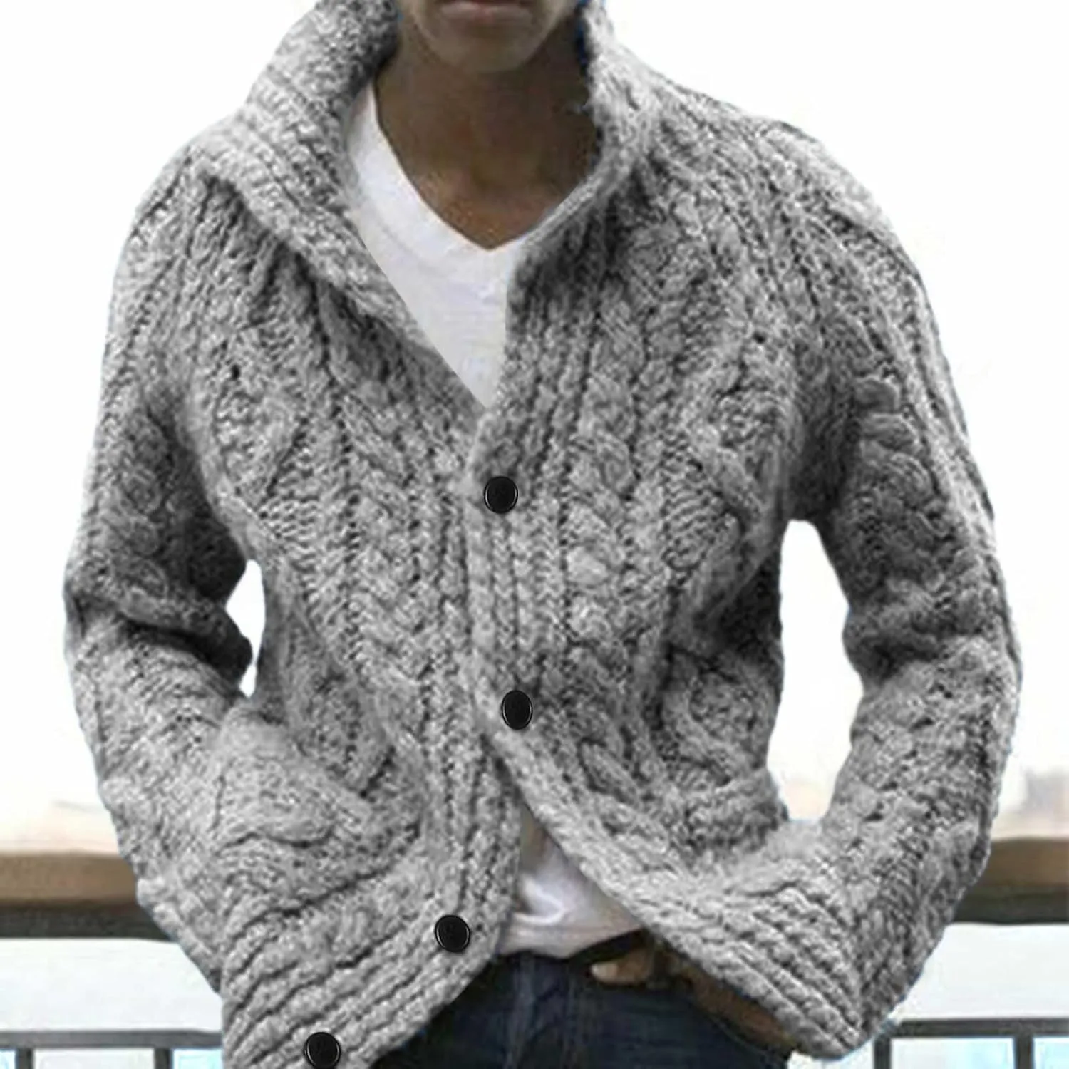 Mens Shawl Collar Cardigan Sweater Cable Knitted Button Down Solid Color Sweaters Chunky Fall Winter Outwear