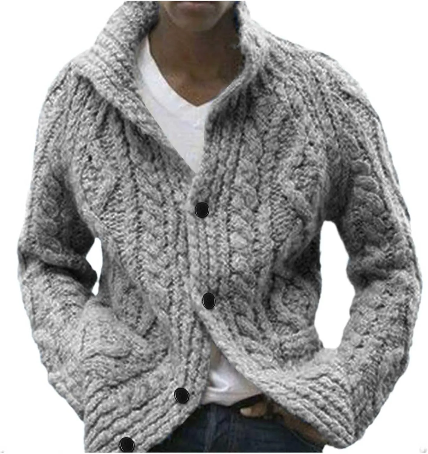 Mens Shawl Collar Cardigan Sweater Cable Knitted Button Down Solid Color Sweaters Chunky Fall Winter Outwear