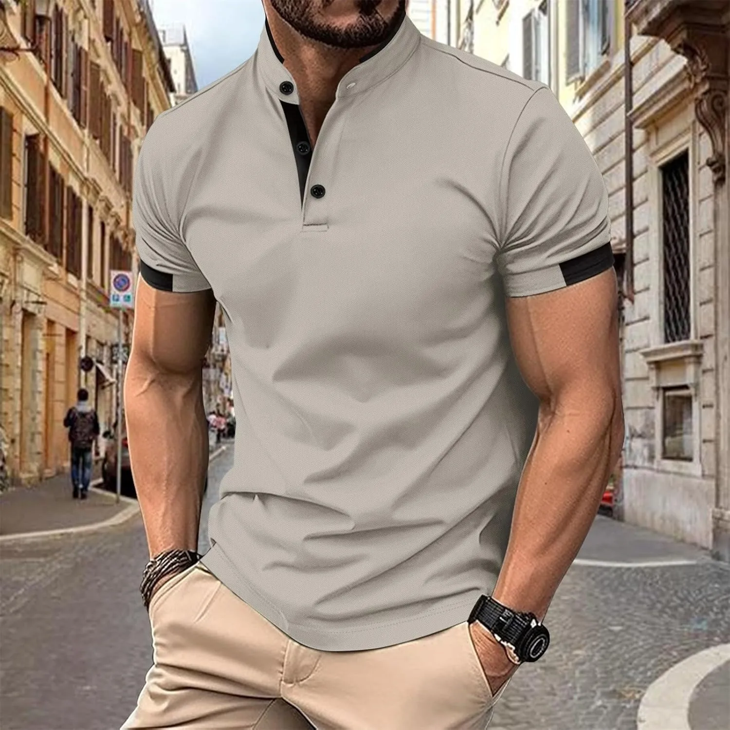 Mens Short Sleeve Polo Shirt Summer Casual Band Collar Tops Henley Shirts 2024 Fashion Classic Collarless Golf Shirts
