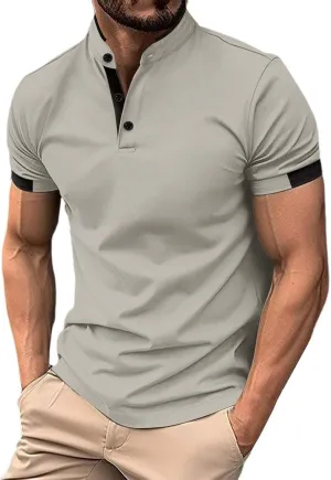 Mens Short Sleeve Polo Shirt Summer Casual Band Collar Tops Henley Shirts 2024 Fashion Classic Collarless Golf Shirts