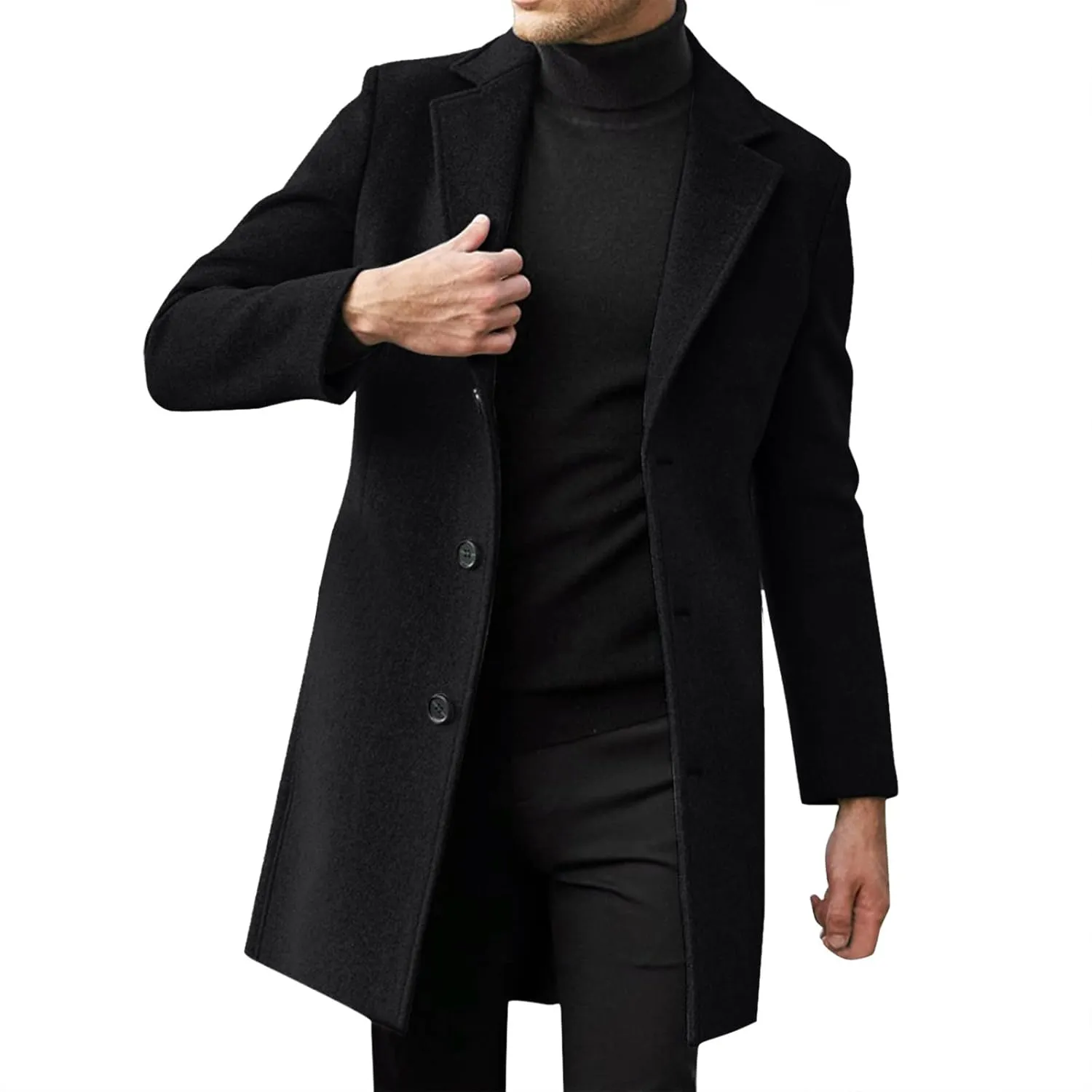 Mens Single Breasted Trench Coat Winter Pea Coat Notch Lapel Long Casual Overcoat Slim Fit Long Jacket Pea Coat