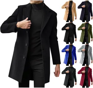 Mens Single Breasted Trench Coat Winter Pea Coat Notch Lapel Long Casual Overcoat Slim Fit Long Jacket Pea Coat