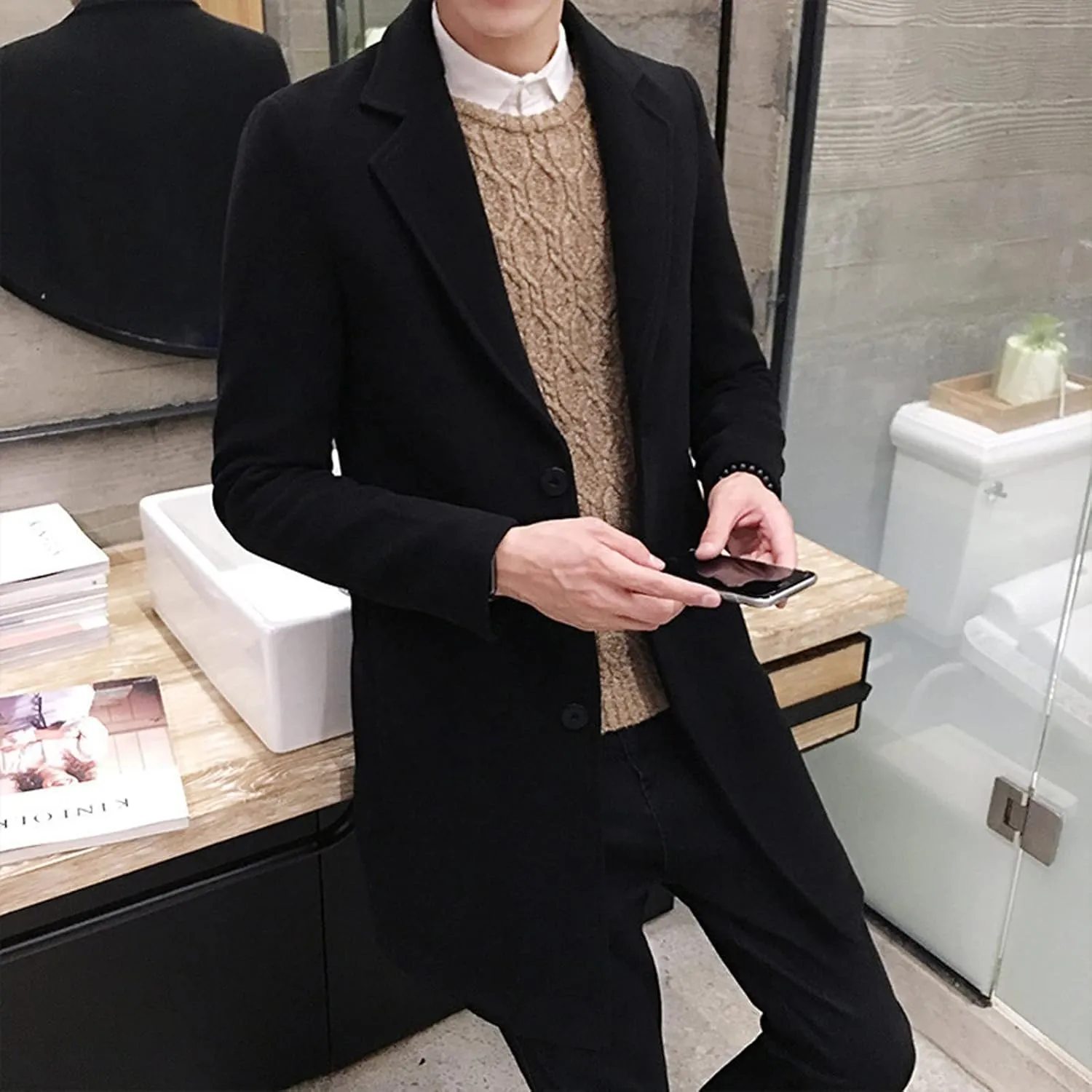Mens Single Breasted Trench Coat Winter Pea Coat Notch Lapel Long Casual Overcoat Slim Fit Long Jacket Pea Coat
