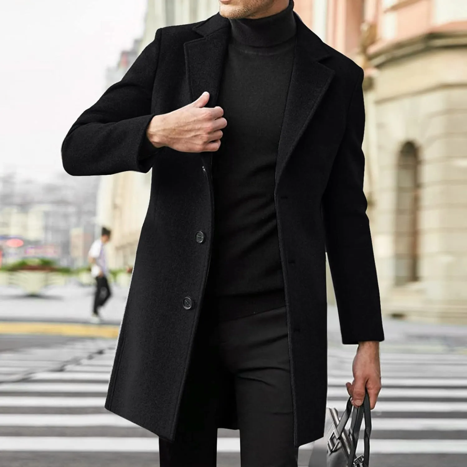 Mens Single Breasted Trench Coat Winter Pea Coat Notch Lapel Long Casual Overcoat Slim Fit Long Jacket Pea Coat