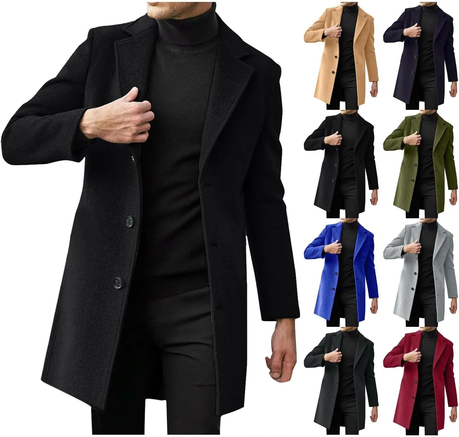 Mens Single Breasted Trench Coat Winter Pea Coat Notch Lapel Long Casual Overcoat Slim Fit Long Jacket Pea Coat