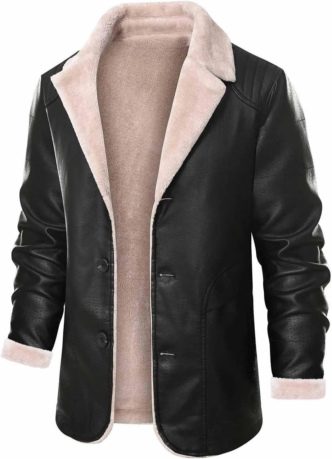 Mens Slim Fit Black Faux Leather Jacket Sherpa Fleece Lined Motorcycle Jacket Button Up Biker Bomber Jacket