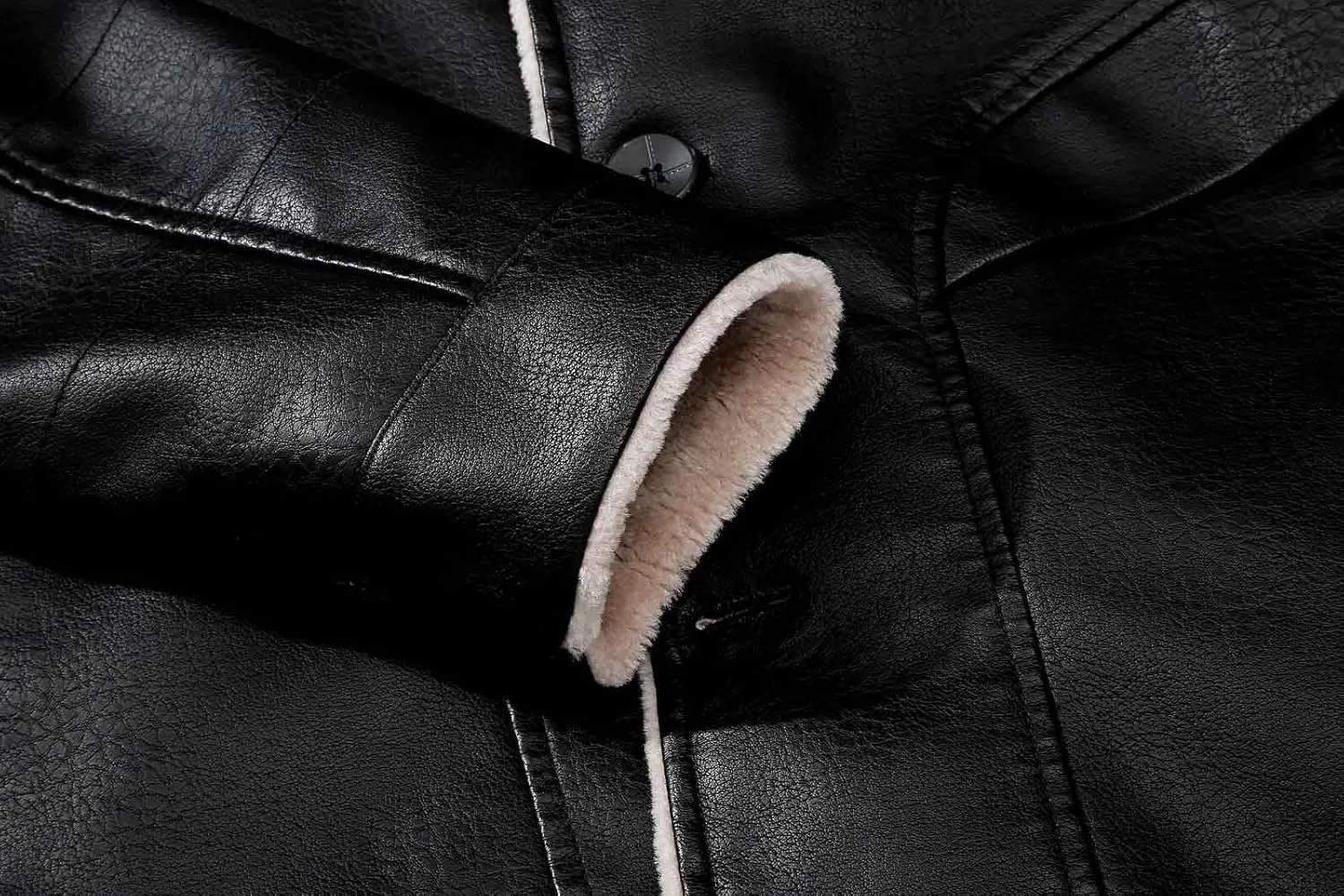 Mens Slim Fit Black Faux Leather Jacket Sherpa Fleece Lined Motorcycle Jacket Button Up Biker Bomber Jacket