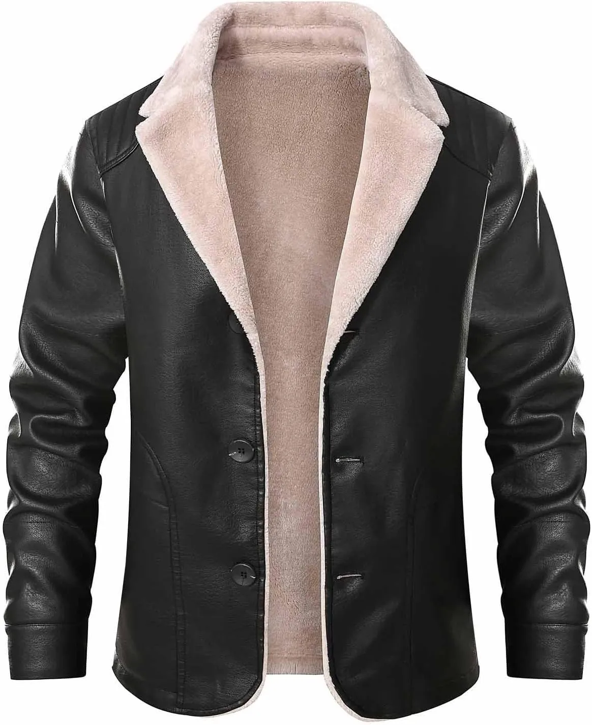 Mens Slim Fit Black Faux Leather Jacket Sherpa Fleece Lined Motorcycle Jacket Button Up Biker Bomber Jacket