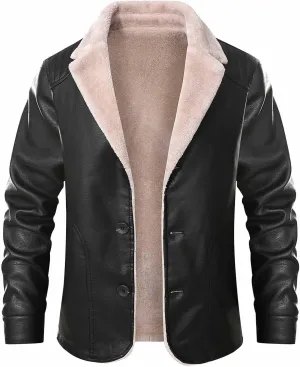Mens Slim Fit Black Faux Leather Jacket Sherpa Fleece Lined Motorcycle Jacket Button Up Biker Bomber Jacket