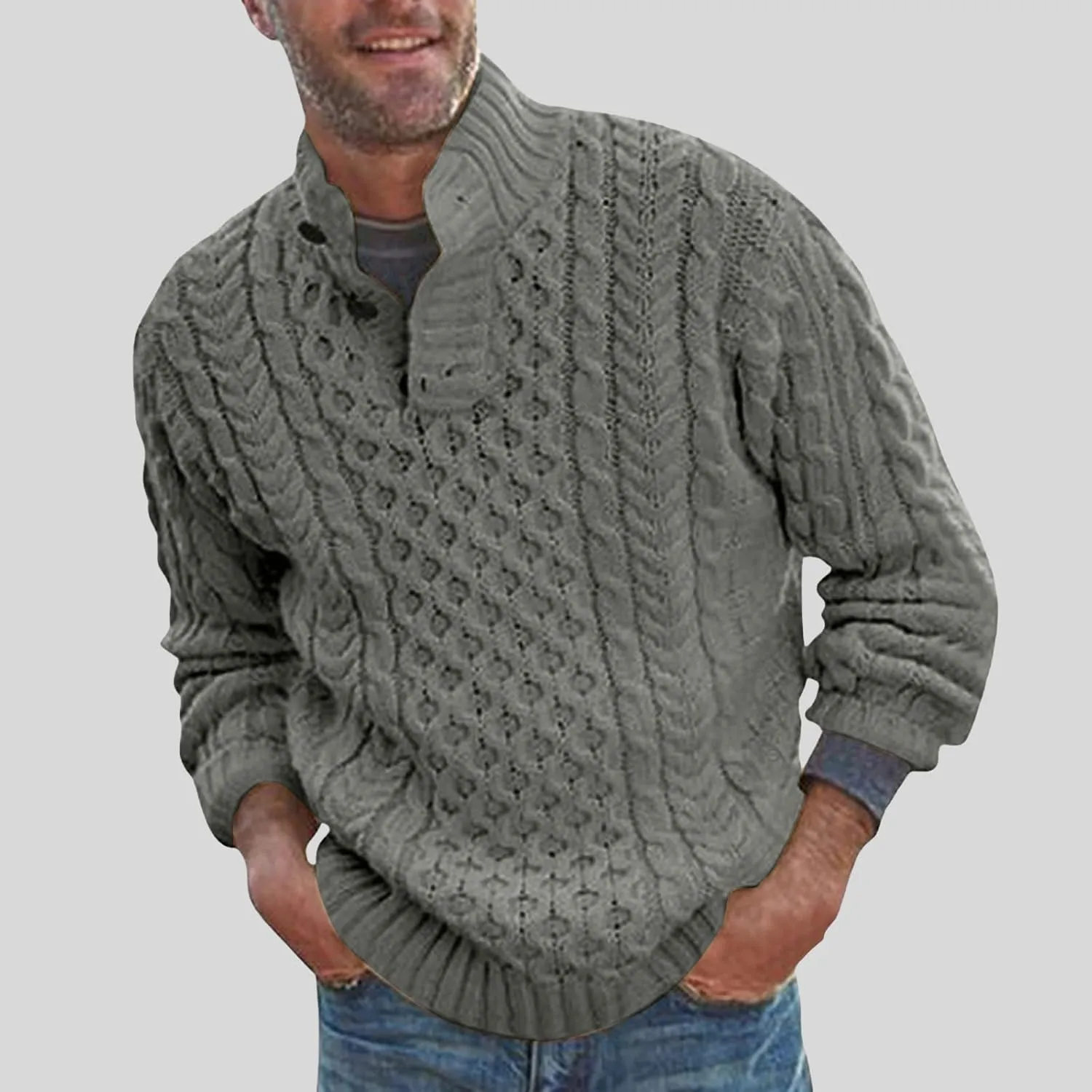 Mens Stand Collar Pullover Sweater Cable Knitted Chunky Fall Winter Fashion Buttons Twisted Thermal Cashmere Sweaters