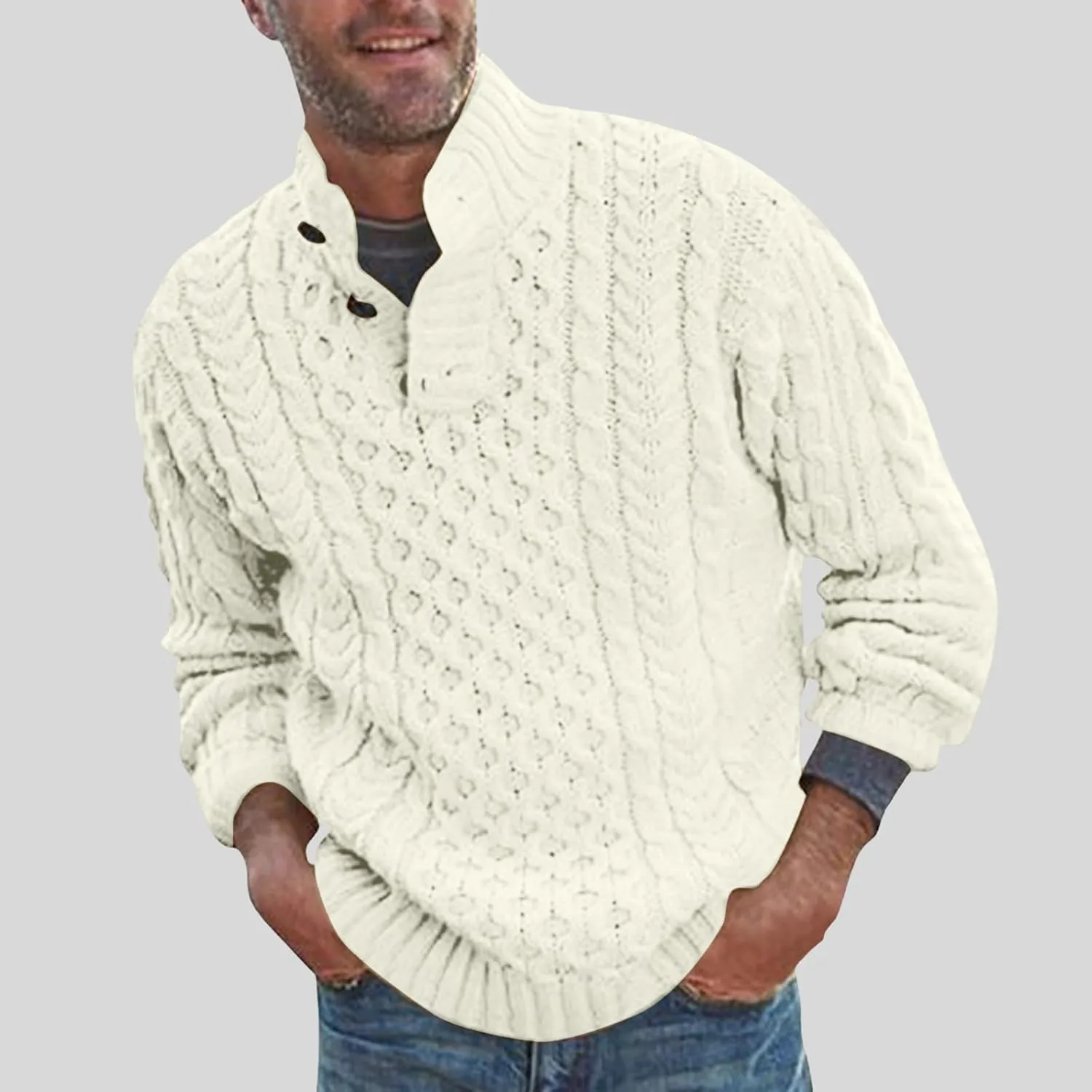Mens Stand Collar Pullover Sweater Cable Knitted Chunky Fall Winter Fashion Buttons Twisted Thermal Cashmere Sweaters