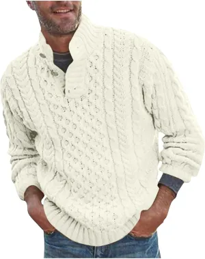 Mens Stand Collar Pullover Sweater Cable Knitted Chunky Fall Winter Fashion Buttons Twisted Thermal Cashmere Sweaters