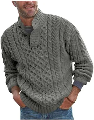 Mens Stand Collar Pullover Sweater Cable Knitted Chunky Fall Winter Fashion Buttons Twisted Thermal Cashmere Sweaters