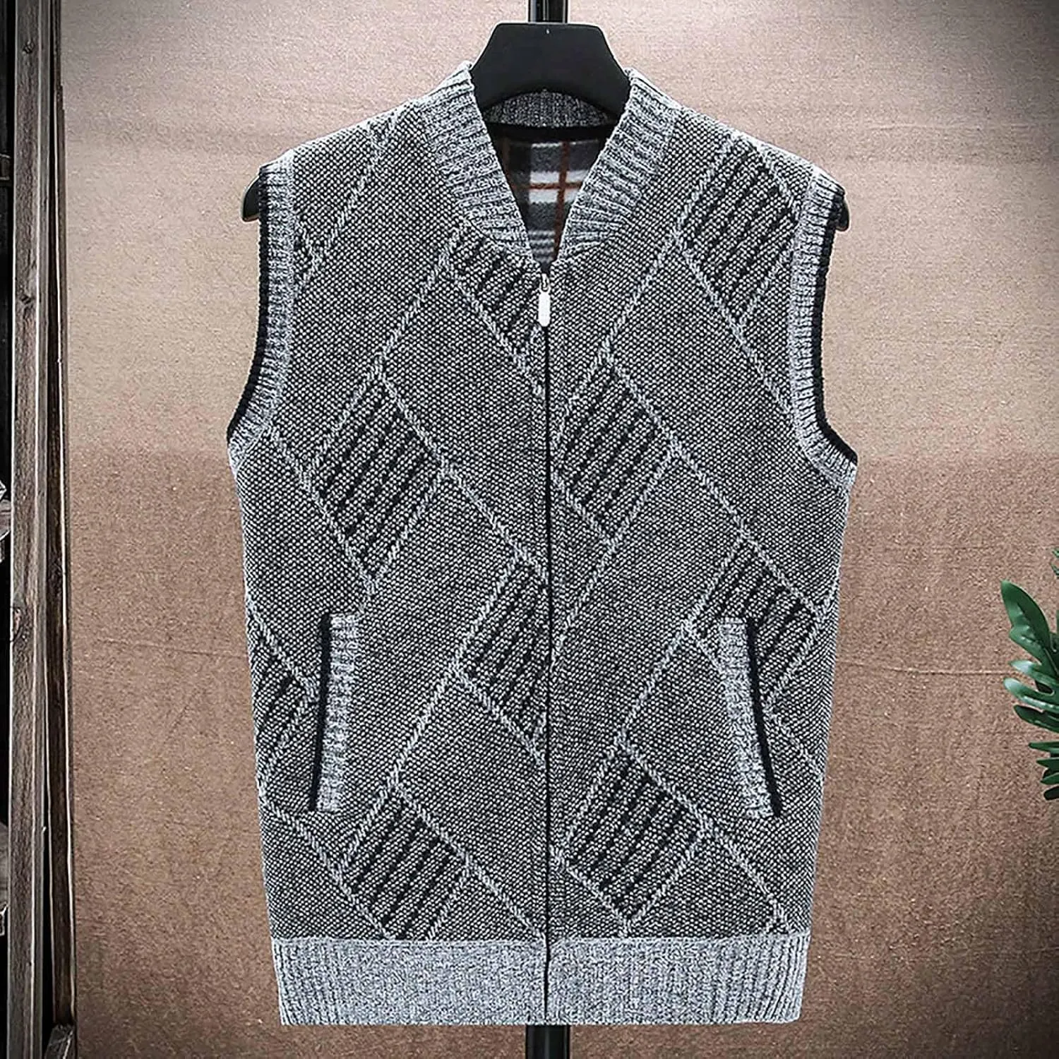 Mens Sweater Vests Zip Up Knitted Trendy Cardigan Sweater V Neck Sleeveless Outwear Comfort Soft Solid Color Jacket
