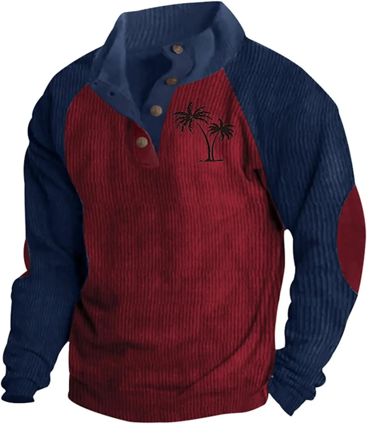 Mens Sweatshirt Stand Collar Corduroy Polo Warm Cuff Patch Long Sleeve Sweatshirt Top Stand Collar Button Pullover