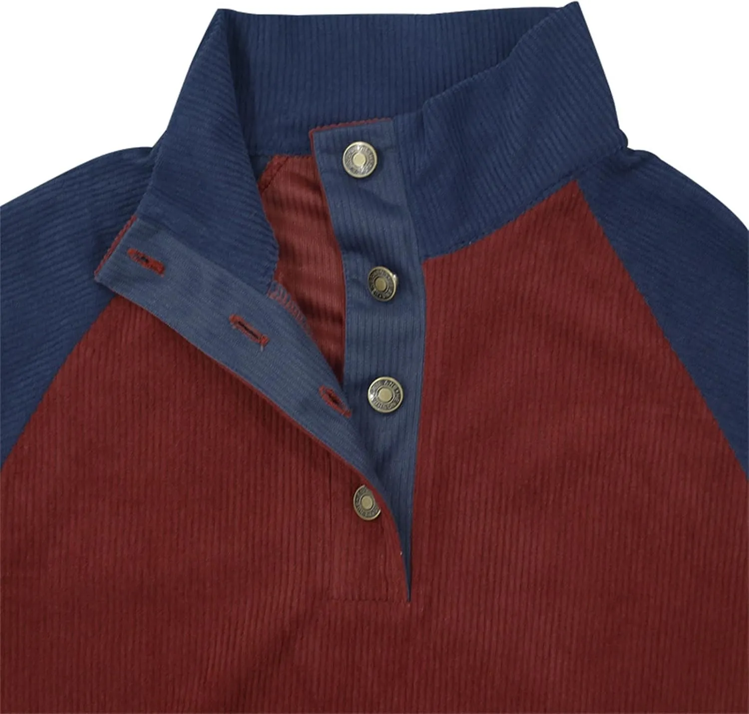 Mens Sweatshirt Stand Collar Corduroy Polo Warm Cuff Patch Long Sleeve Sweatshirt Top Stand Collar Button Pullover