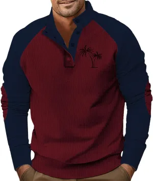 Mens Sweatshirt Stand Collar Corduroy Polo Warm Cuff Patch Long Sleeve Sweatshirt Top Stand Collar Button Pullover