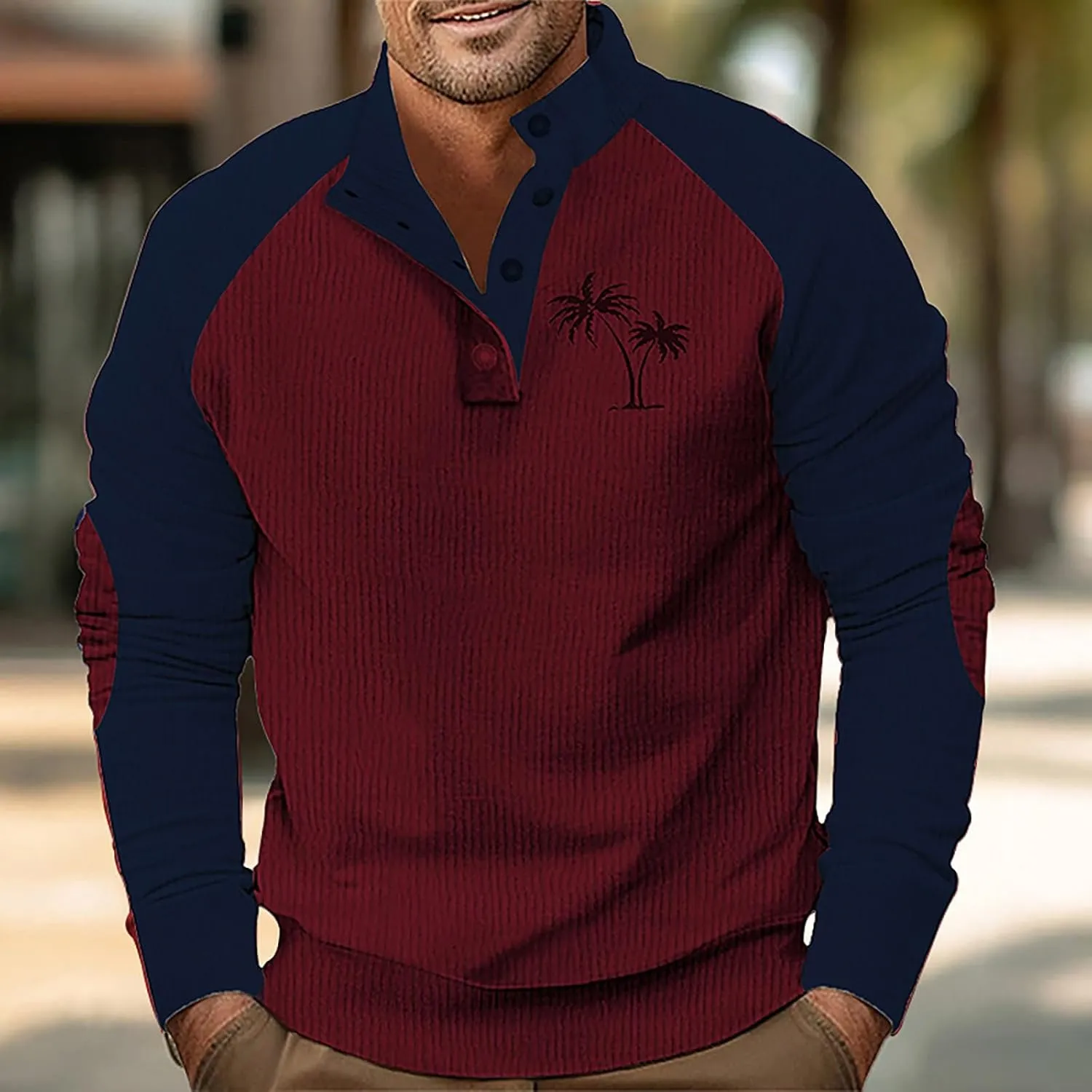Mens Sweatshirt Stand Collar Corduroy Polo Warm Cuff Patch Long Sleeve Sweatshirt Top Stand Collar Button Pullover