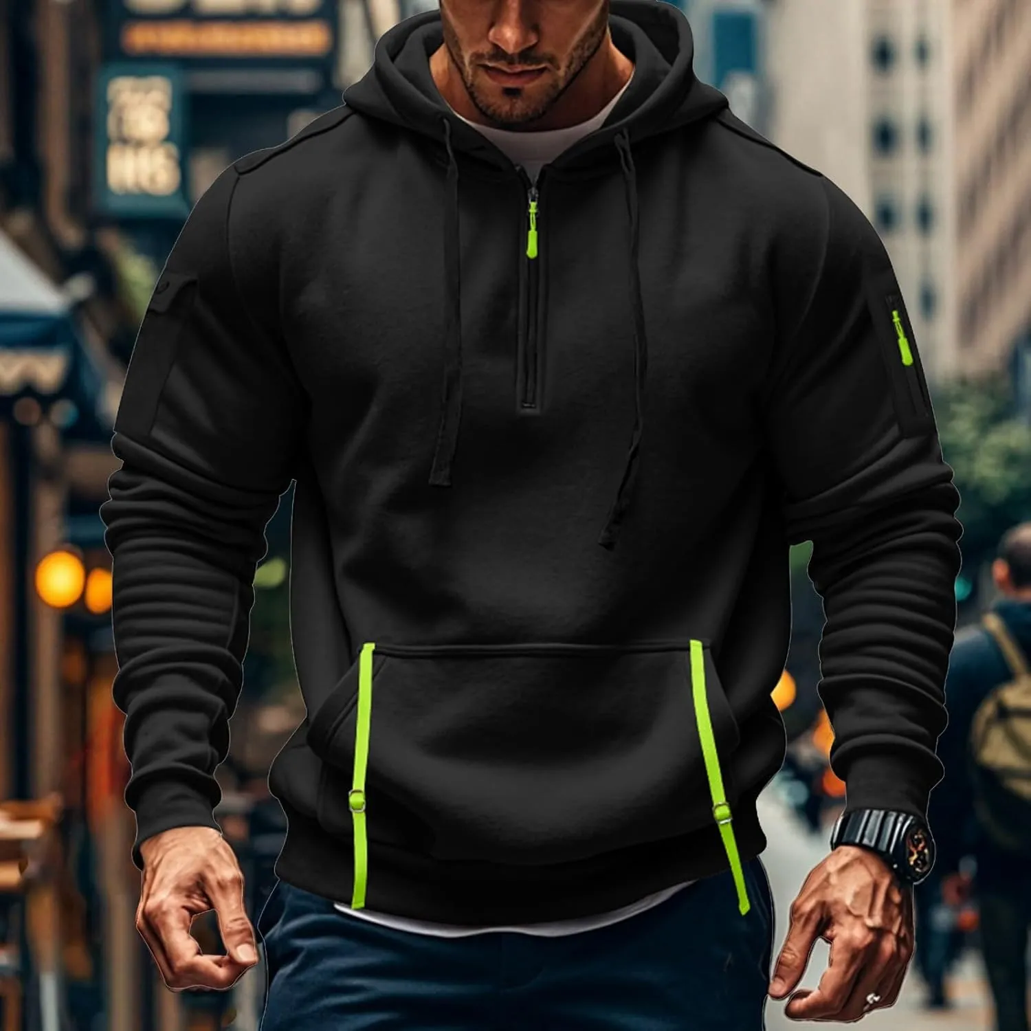 Mens Tactical Hoodie Plus Size Vintage Quarter Zip Pullover Comfy Oversized Military Tactical Shirt with Pockets