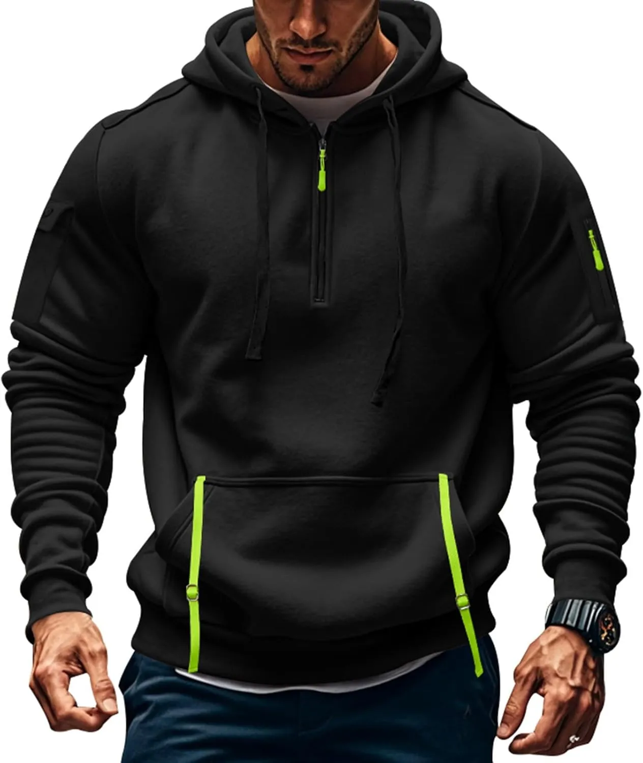 Mens Tactical Hoodie Plus Size Vintage Quarter Zip Pullover Comfy Oversized Military Tactical Shirt with Pockets