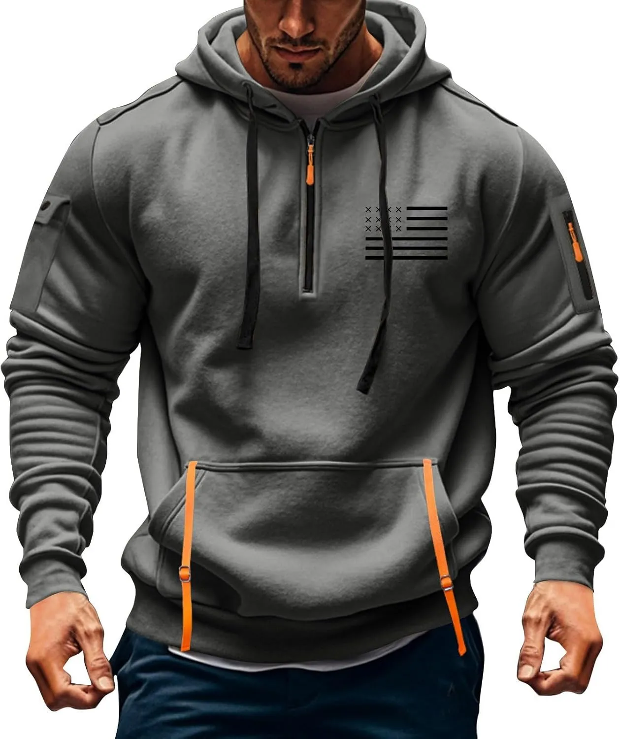 Men's Tactical Hoodies Oversized 1/4 Zip Pullover Sweatshirts with Zipper Arm Pocket Big and Tall Outfits 5XL
