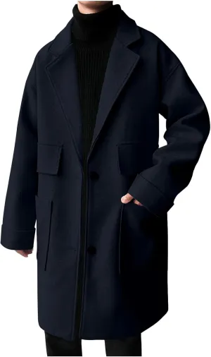 Mens Trench Coat Classic Notch Lapel Single Breasted Wool Blend Overcoat Winter Thermal Long Jacket with Pockets