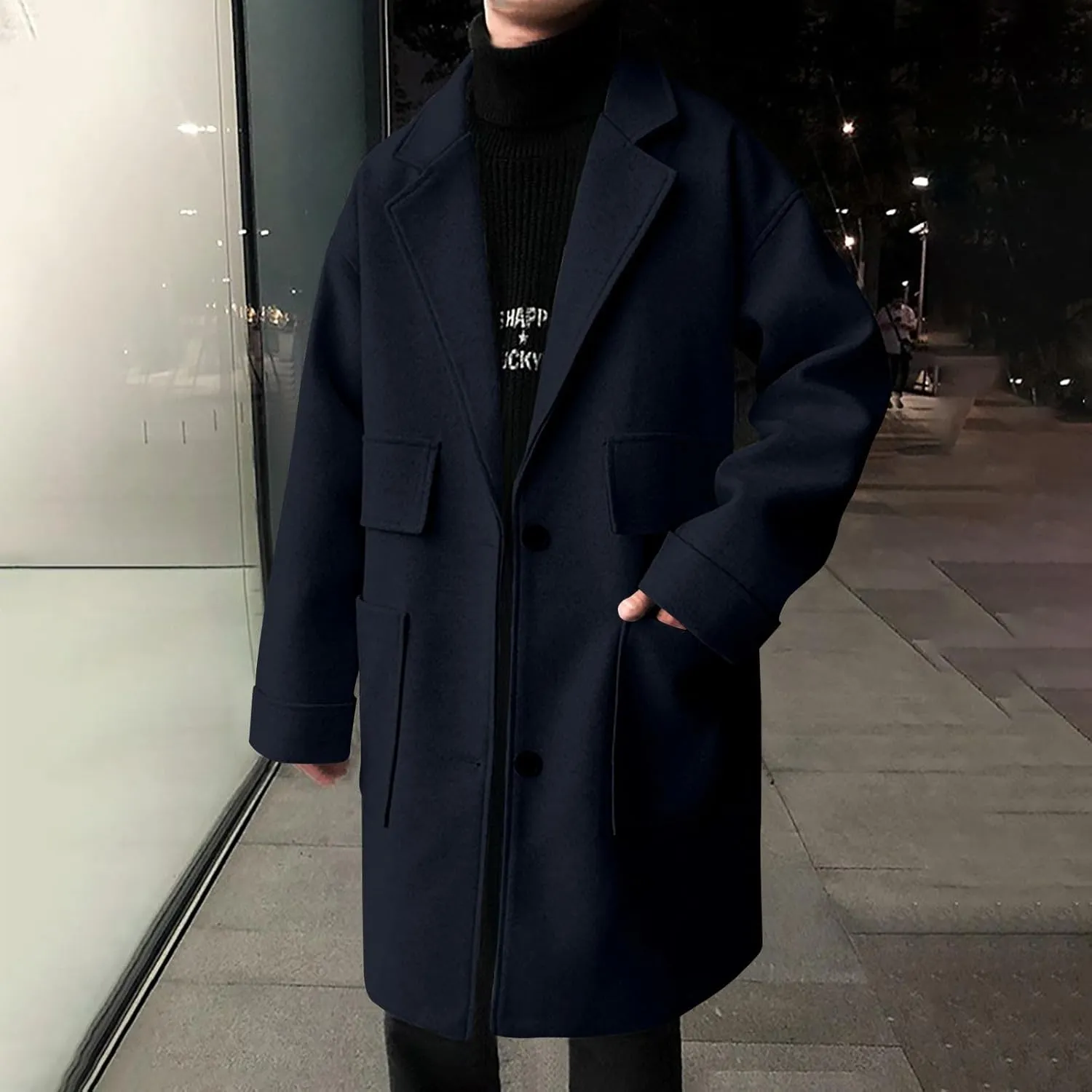 Mens Trench Coat Classic Notch Lapel Single Breasted Wool Blend Overcoat Winter Thermal Long Jacket with Pockets