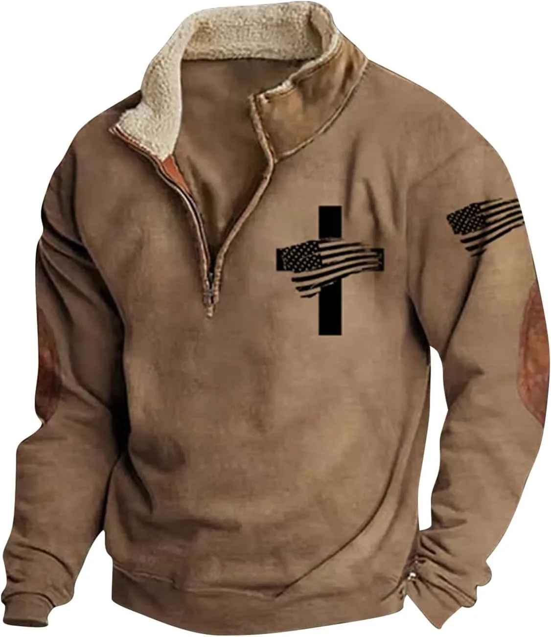 Men'S USA Flag Sweatshirt Vintage American Fleece Graphic Sweatshirt Elbow Patches Quarter Zip Pullover Sweaters