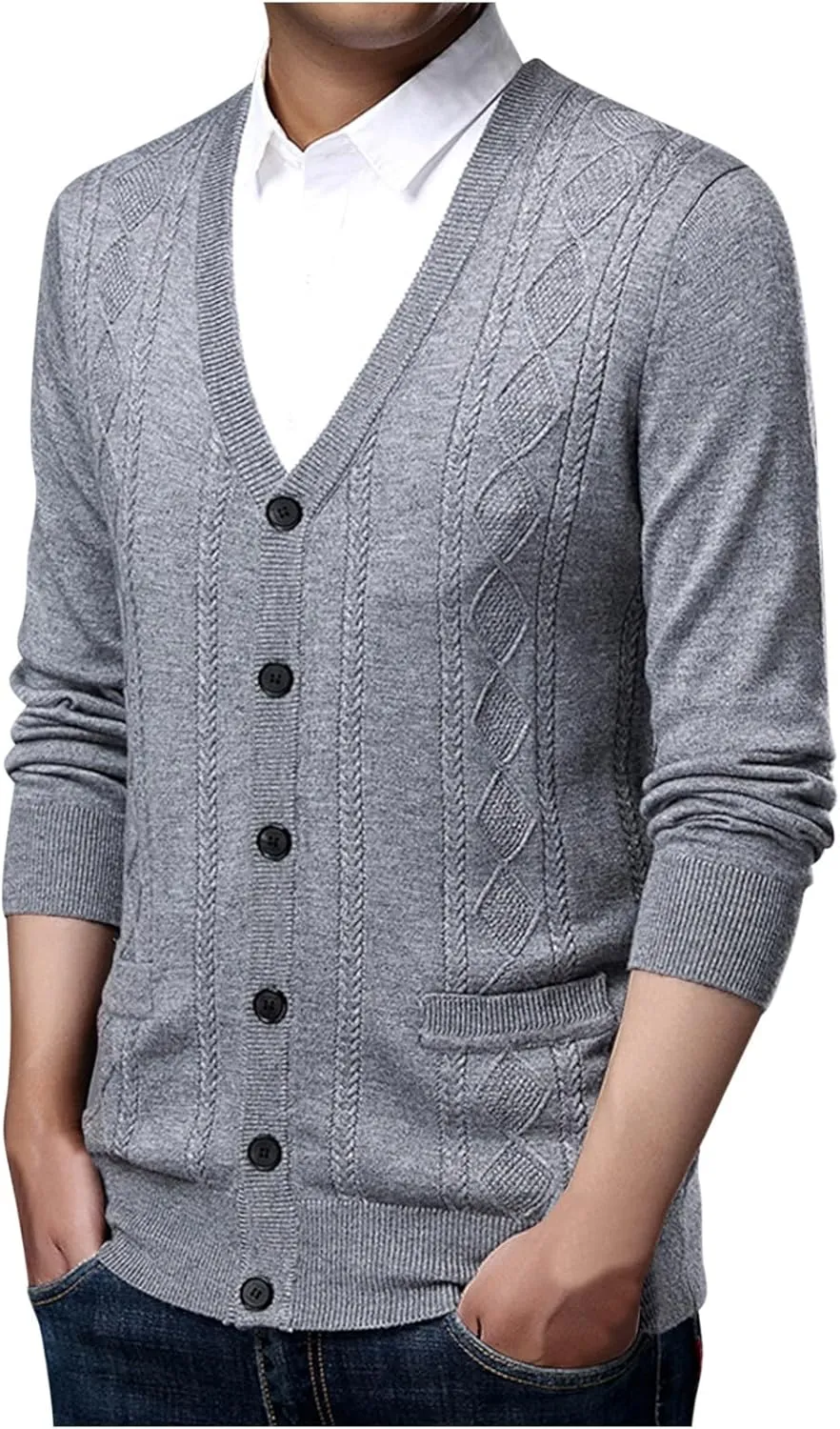 Mens V Neck Cardigan Sweater Lightweight Knit Cardigan Casual Open Front Sweater Button Down Cardigan Sweater