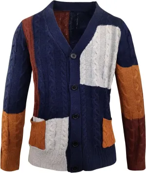 Men's V-Neck Cardigans Male Ribbed Casual Colorful Button Up Sweater Men Stretch Color Block Slim Fit Cardigans