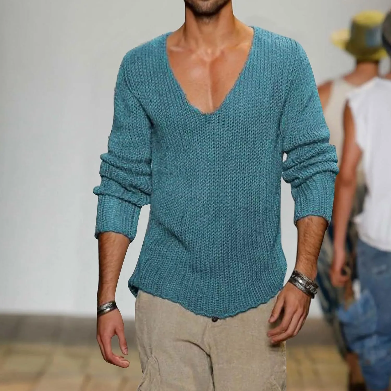 Men's V Neck Sweater Lightweight Slim Fit Pullover Solid Color Knitted Knitwear Casual Loose Tops Fall Winter Outwear
