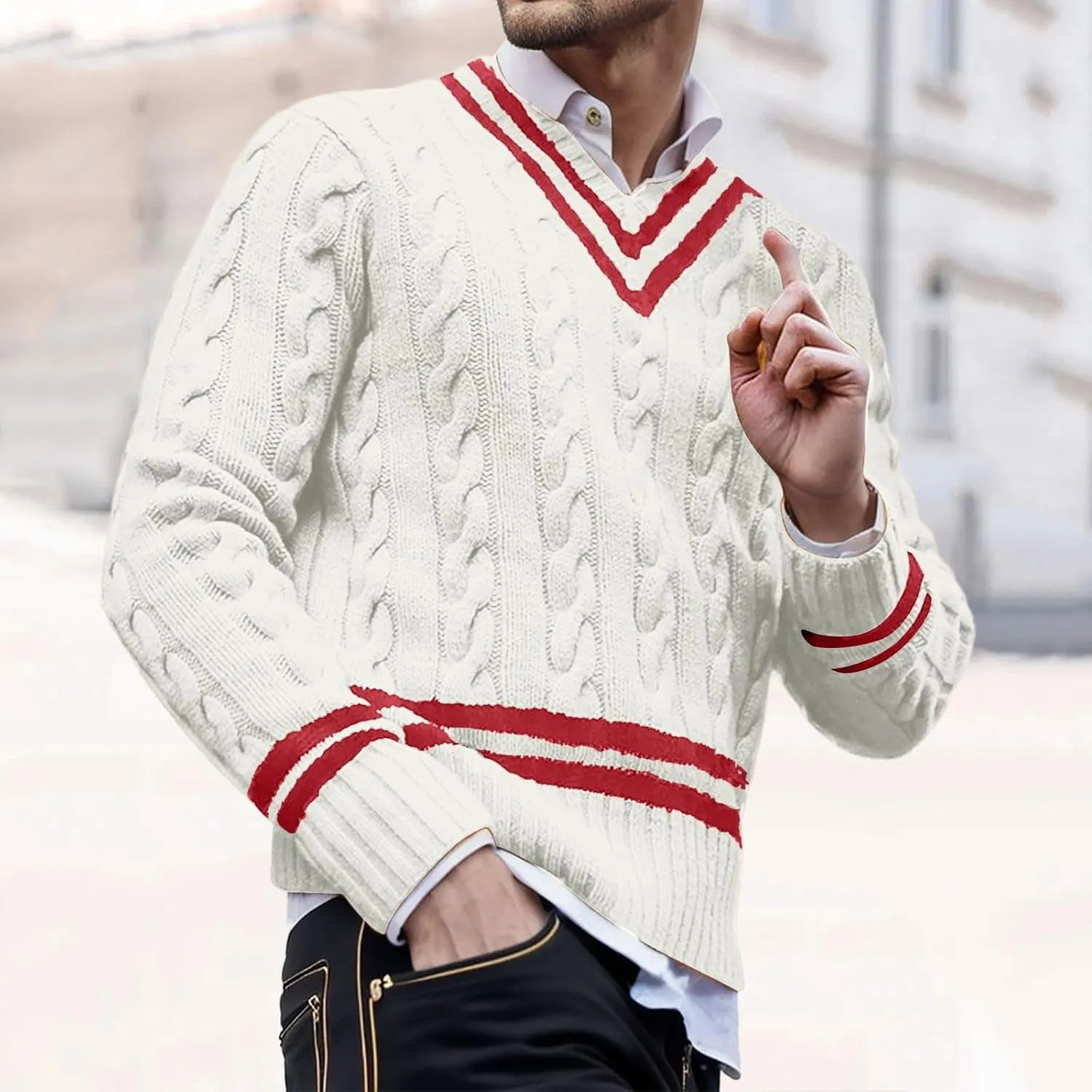Men's V Neck Sweater Long Sleeve Knitted Pullover Striped Twist Textured Top Casual Loose Sweater Fall Winter Outwear