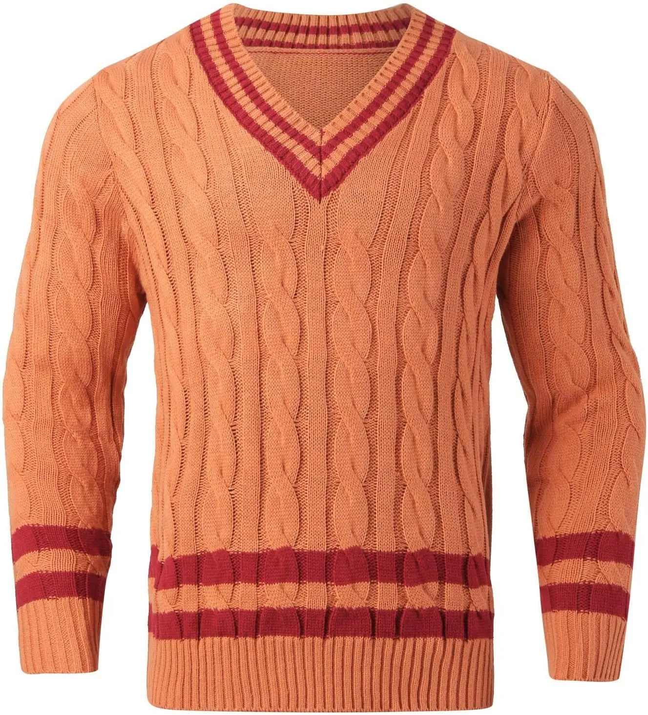 Men's V Neck Sweater Long Sleeve Knitted Pullover Striped Twist Textured Top Casual Loose Sweater Fall Winter Outwear