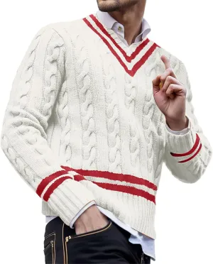 Men's V Neck Sweater Long Sleeve Knitted Pullover Striped Twist Textured Top Casual Loose Sweater Fall Winter Outwear
