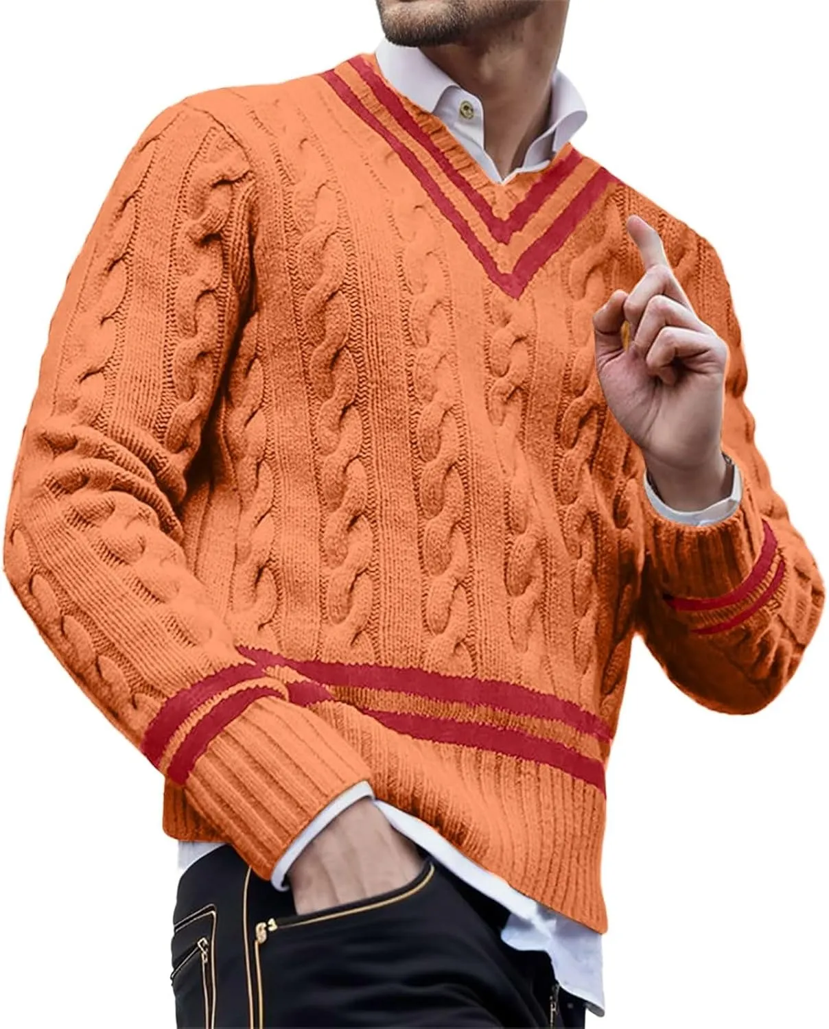 Men's V Neck Sweater Long Sleeve Knitted Pullover Striped Twist Textured Top Casual Loose Sweater Fall Winter Outwear